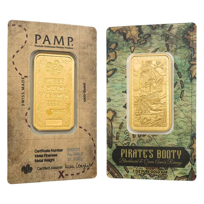 1 oz PAMP Suisse Pirate's Booty Blackbeard & Queen Anne's Revenge Gold Bar .9999 Fine (in Assay)