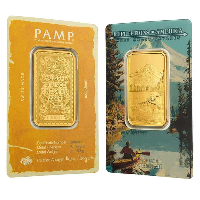 1 oz PAMP Suisse West Coast Kayaker Gold Bar .9999 Fine (in Assay)