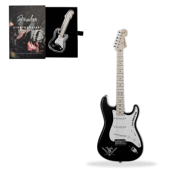 2021 1 oz Silver Fender 75th Anniv Stratocaster Guitar Shaped Coin Solomon Islands .9999 Fine (w/Box)
