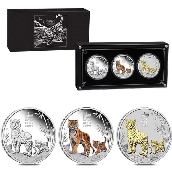 2022 3 oz Silver Lunar Year of The Tiger 3-Coin Set Australian Perth Mint (w/Box & COA)