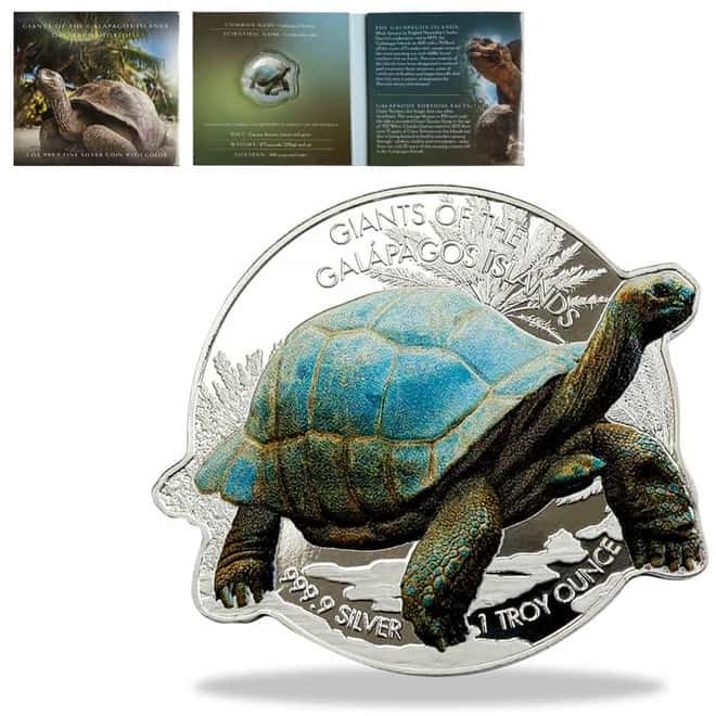 2021 1 oz Colorized Silver Galapagos Tortoise Solomon Islands $2 Coin .9999 Fine (w/Box & COA)