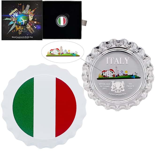 2021 Chad 6 gram World Landmarks - Italy Bottle Cap Proof Silver Coin .999 Fine (w/Box)