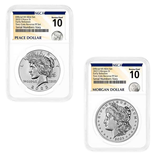 2023-S Morgan / Peace Silver Dollar Reverse Proof 2-Coin Set NGCX PF 10 ER (Morgan/Peace Label)