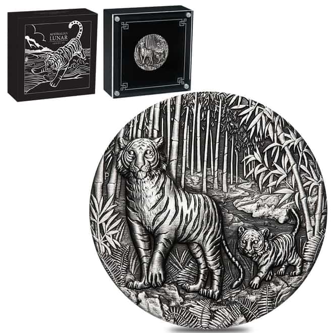 2022 2 oz Antiqued Silver Lunar Year of The Tiger Australian Perth Mint (w/Box & COA)