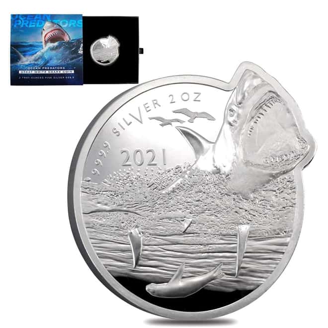 2021 2 oz Silver Great White Shark - Ocean Predators Solomon Islands $5 Coin .9999 Fine