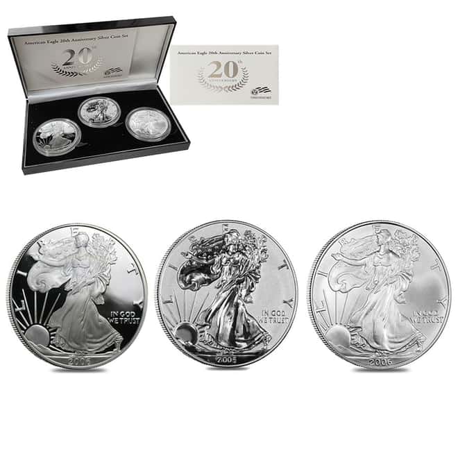 2006 W/P 1 oz Silver American Eagle 3-Coin Set - 20th Anniversary (w/Box & COA)