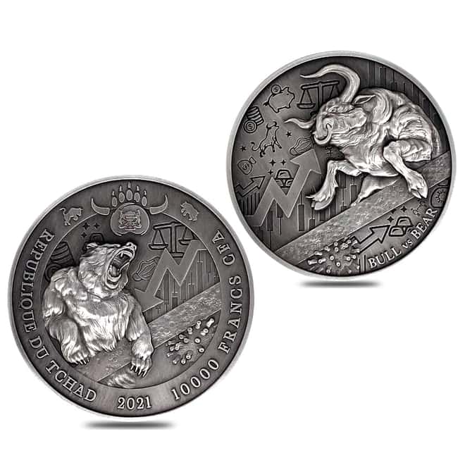 2021 Chad 2 oz Silver Bull vs Bear Pandemic Antiqued High Relief Coin (In Cap, Sealed)