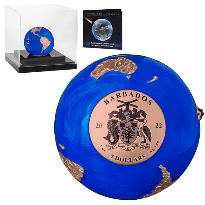 2022 3 oz Silver Rose Gold Plating Blue Marble Endangered - Meteorite Spherical Coin Barbados .999 Fine (w/Box & COA)