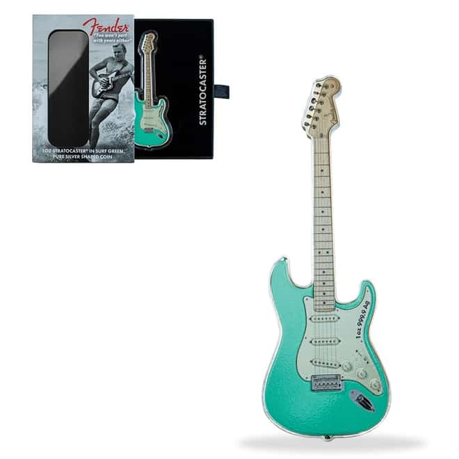 2022 1 oz Silver Fender Stratocaster Surf Green Guitar Shaped Coin Solomon Islands .9999 Fine (w/Box)