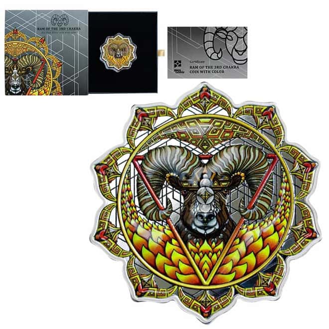 2022 Solomon Islands 2 oz Ram of the 3rd Chakra Colorized Silver Coin .9999 Fine (w/Box & COA)