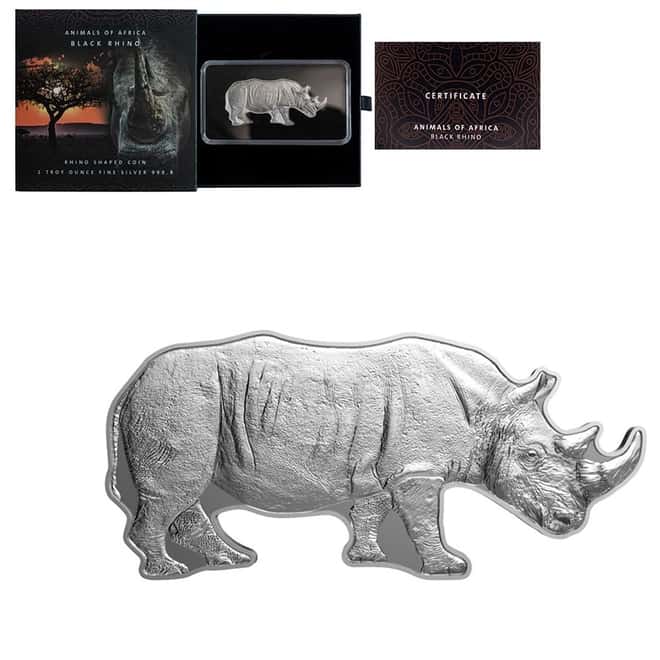 2022 Solomon Islands 1 oz African Black Rhino Shaped Silver Coin - Animals of Africa .9999 Fine (w/Box & COA)