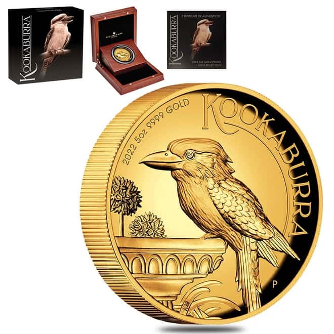 2022 5 oz Proof Gold Australian Kookaburra Perth Mint High Relief Coin .9999 Fine (w/Box & COA)