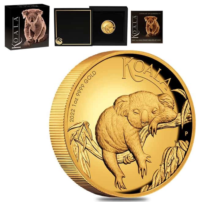 2022 1 oz Proof Gold Australian Koala High Relief Coin Perth Mint .9999 Fine (w/Box & COA)