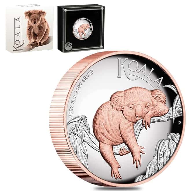 2022 5 oz Proof High Relief Gilded Silver Australian Koala Perth Mint .9999 Fine (w/Box & COA)