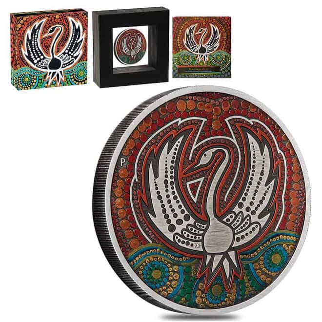 2022 2 oz Black Swan Maali Antiqued Colorized Silver Coin Australian Perth Mint (w/Box & COA)
