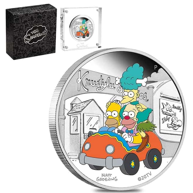 2022 1 oz Tuvalu The Simpsons Krusty Lu Studios Proof Colorized Silver Coin .9999 Fine (w/Box & COA)