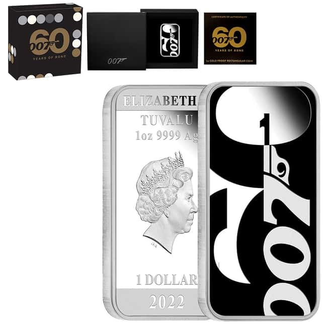2022 1 oz Tuvalu James Bond - 60 Years of Bond Proof Colorized Silver Coin Bar .9999 Fine (w/Box & COA)