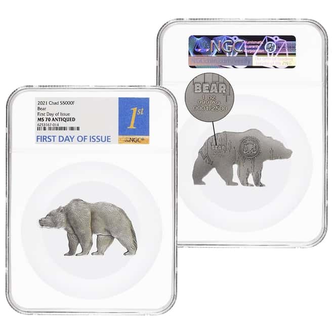 2021 Chad 1 oz Silver Bear Shaped Coin Serial #1 NGC MS 70 FDOI Antiqued High Relief