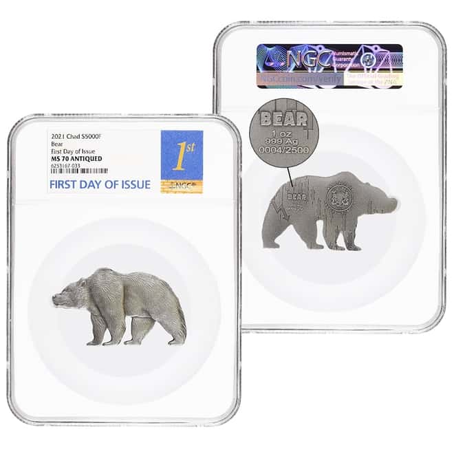 2021 Chad 1 oz Silver Bear Shaped Coin Serial #4 NGC MS 70 FDOI Antiqued High Relief