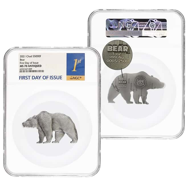 2021 Chad 1 oz Silver Bear Shaped Coin Serial #5 NGC MS 70 FDOI Antiqued High Relief