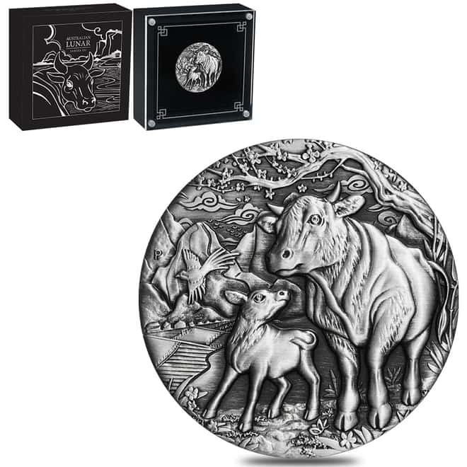 2021 2 oz Antiqued Silver Lunar Year of The Ox Australian Perth Mint (w/Box & COA)