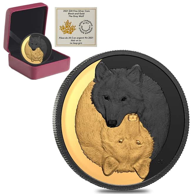 2021 Canada 1 oz Silver The Grey Wolf - Black and Gold Coin Series .9999 Fine (w/Box & COA)