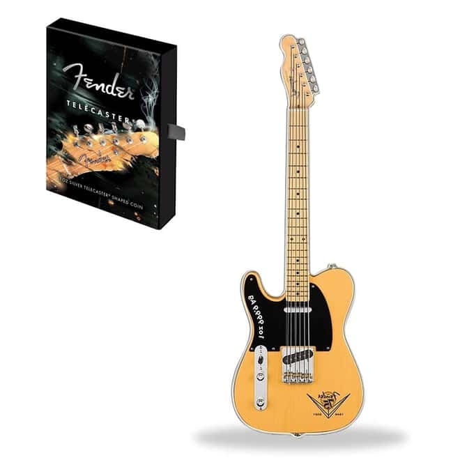 2021 1 oz Silver Fender 75th Anniv Telecaster Guitar Shaped Coin Solomon Islands .9999 Fine (w/Box)