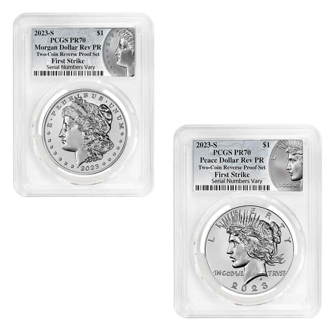 2023-S Morgan and Peace Silver Dollar Reverse Proof 2-Coin Set PCGS PF 70 FS (Morgan/Peace Label)