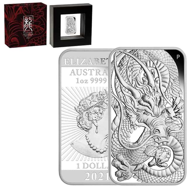 2021 1 oz Proof Silver Australian Dragon Coin Bar Perth Mint .9999 Fine (w/Box & COA)