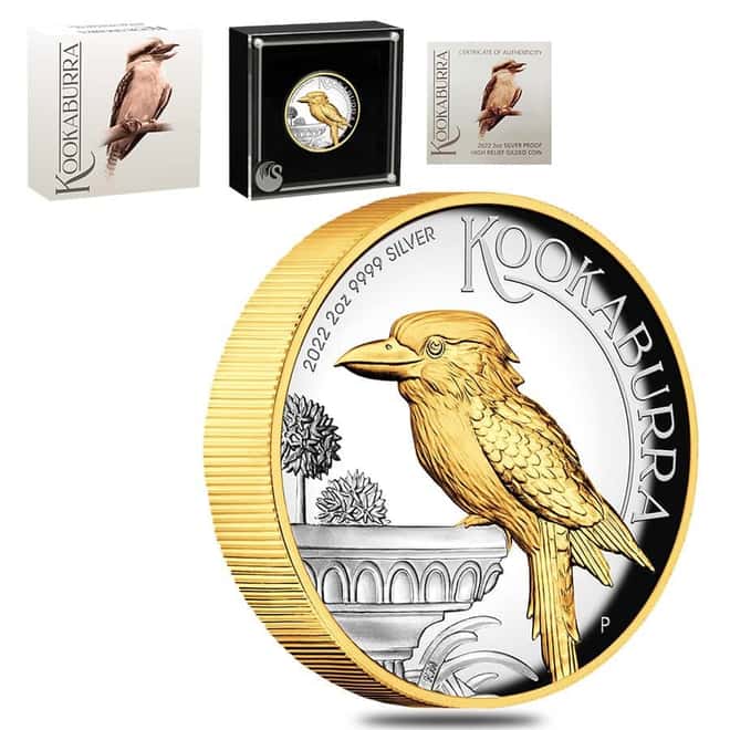 2022 2 oz Proof Silver Australian Kookaburra High Relief Gilded Coin Perth Mint .9999 Fine (w/Box & COA)