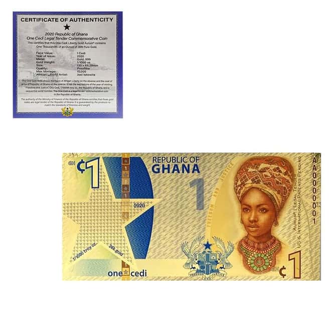 2020 Republic of Ghana 1/1000 oz 24K Gold 1 Cedi Aurum Note