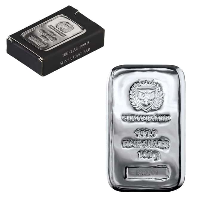100 gram Germania Mint Silver Bar .9999 Fine