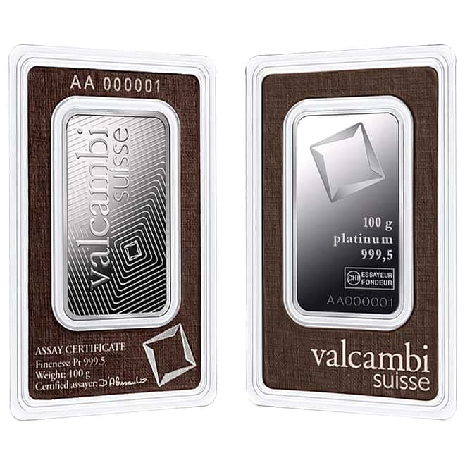 100 gram Platinum Bar - Valcambi Suisse .9995 Fine (In Assay)