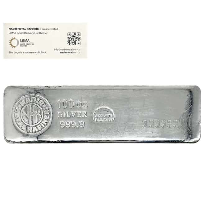 100 oz Nadir Refinery Silver Bar .9999 Fine (w/Assay)