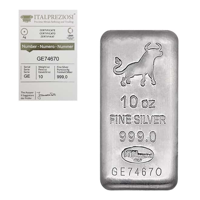 10 oz Italpreziosi Italian Silver Cast Bar .999 Fine (Bullion Exchanges Logo, w/Assay)