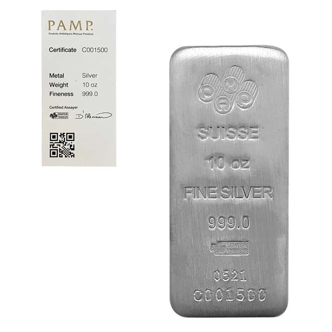 10 oz PAMP Suisse Silver Cast Bar .999 Fine (w/Assay)