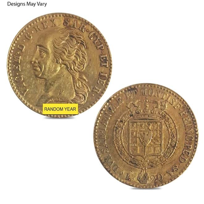1816-1820 20 Lire Italy Sardinia Gold Coin Cleaned (Random Year)