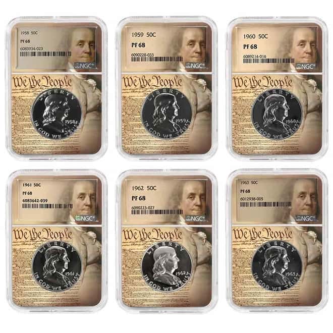 1958-1963 Franklin Half Dollar 50C 90% Silver Proof 6-Coin Set NGC PF 68
