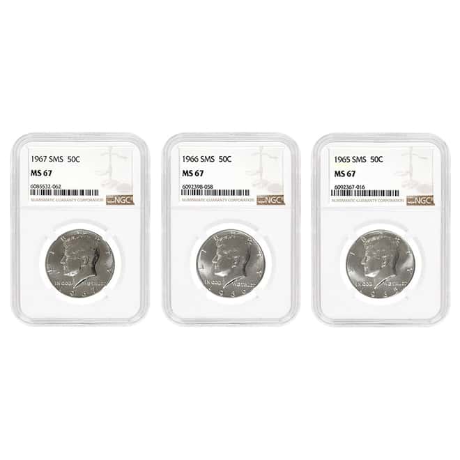 1965-1967 SMS Kennedy Half Dollar 50C 40% Silver 3-Coin Set NGC MS 67