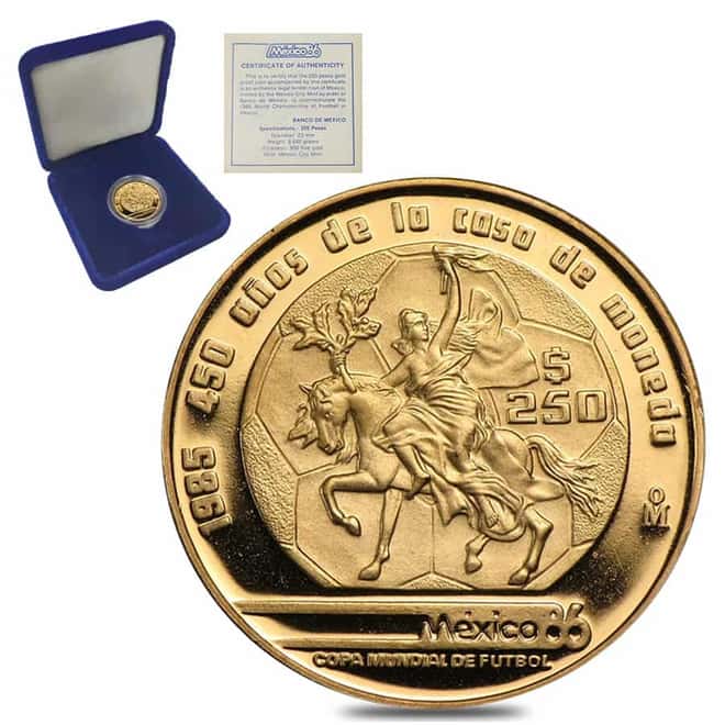 1985 Mexico 250 Pesos 1/4 oz Proof Gold World Cup/450th Anniversary Coin (w/Box & COA)