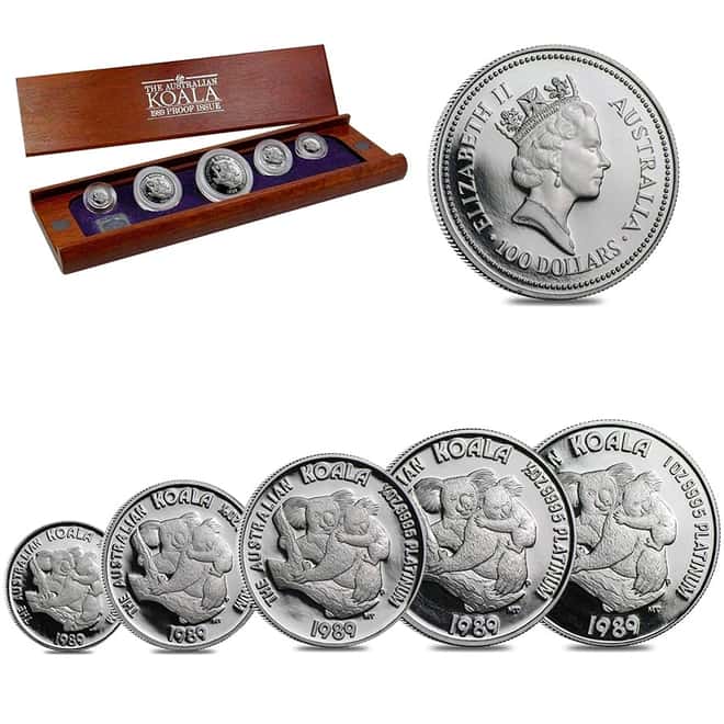 1989 Australia 1.9 oz Proof Platinum Koala 5-coin Set .9995 Fine (w/Box)