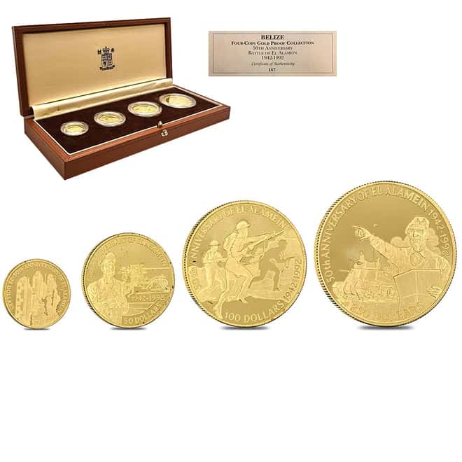 1992 1.85 oz Belize 50th Ann. Battle of El Alamein Gold 4-Coin Set