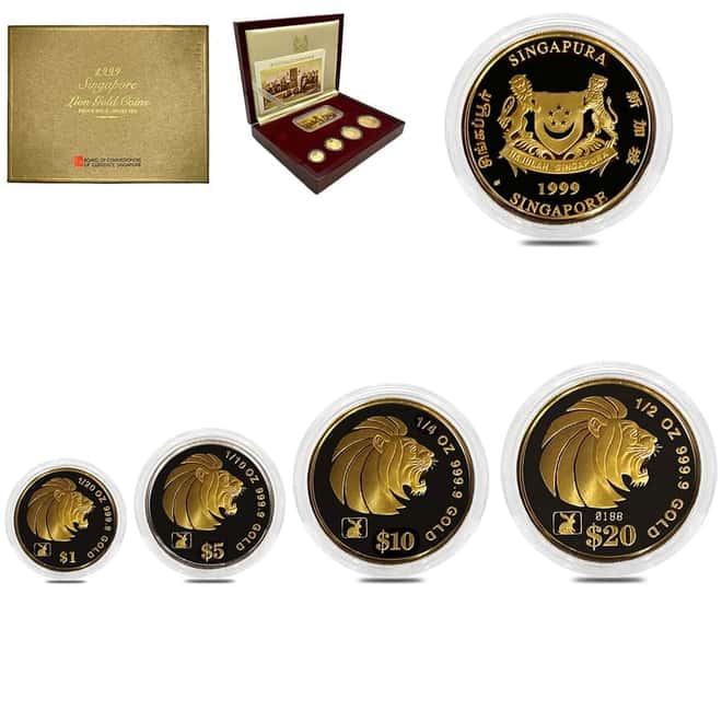 1999 0.9 oz Singapore Lion Proof Gold 4-Coin Set and 20 g Silver Ingot (w/Box & COA)