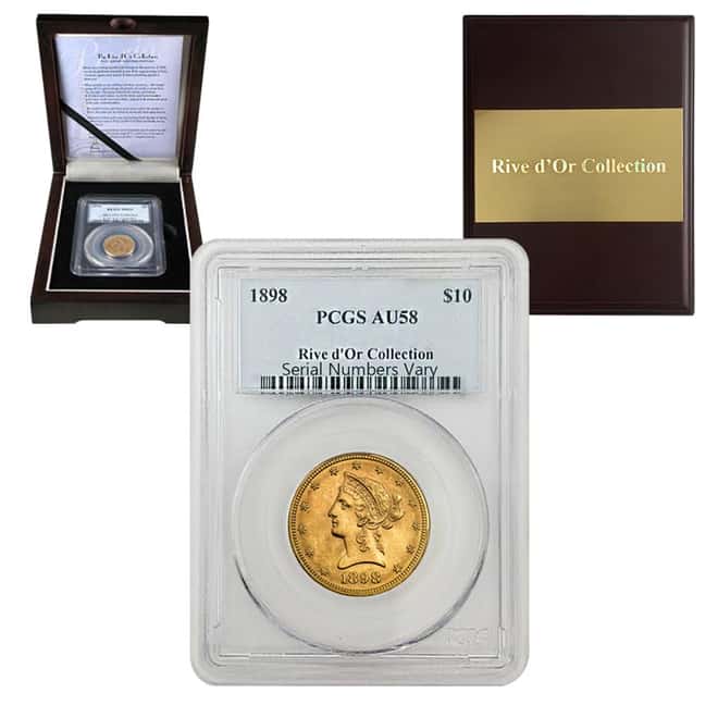1898 $10 Liberty Head Gold Eagle Coin PCGS AU 58 - Rive d'Or Collection (w/Box)