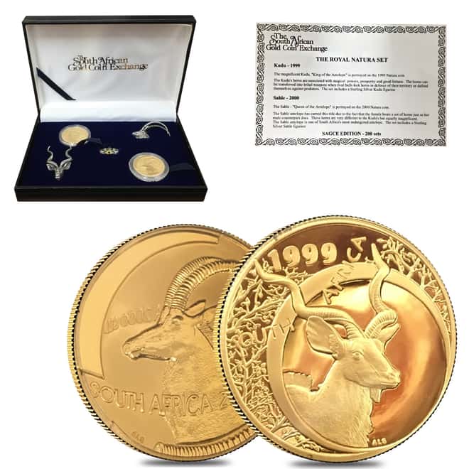1999/2000 1 oz Proof Gold South Africa Natura Kudu and Sable 2-coin Set .9999 Fine (w/Box & COA, Silver Figurines)
