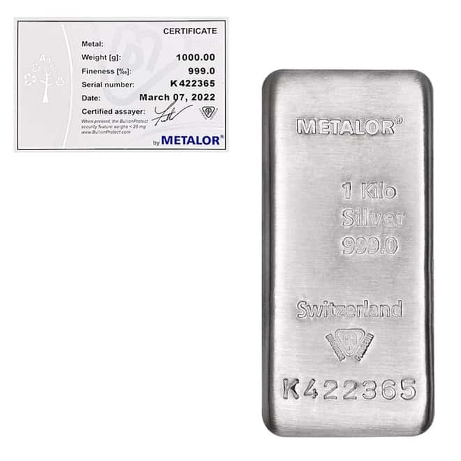 1 Kilo Switzerland Metalor Silver Bar .999 Fine (w/ Assay)