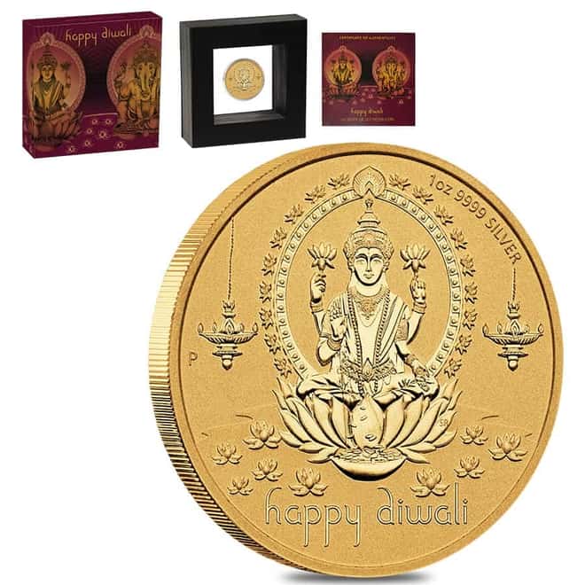 1 oz Diwali Gilded Silver Medal .9999 Fine Australian Perth Mint (w/Box & COA)