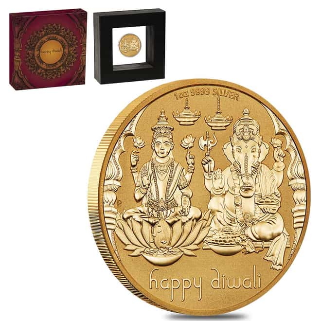 1 oz Diwali Lotus Gilded Silver Medal Australian Perth Mint