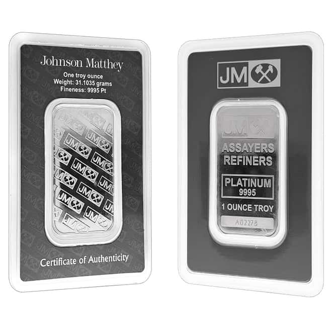 1 oz Johnson Matthey (JM) Platinum Bar .9995 Fine (In Assay)