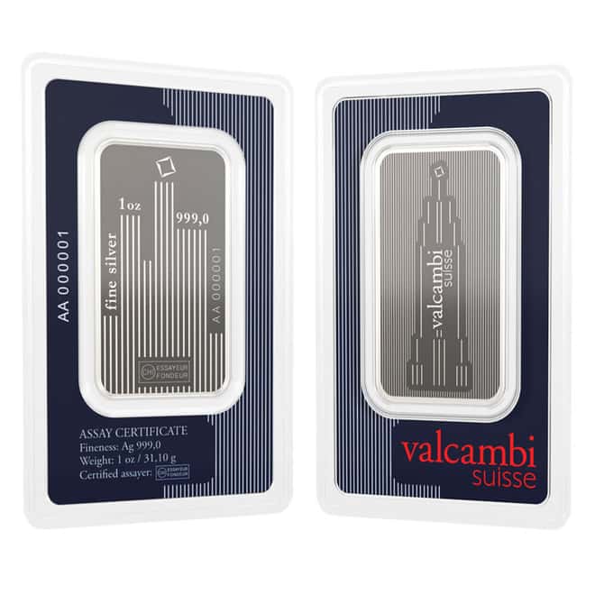 1 oz Valcambi Skyline Silver Bar .999 Fine (in Assay)
